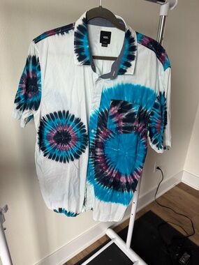 Vans Shirt Mens XL Blue Button Up Short Sleeve Skater Tie Dye Colorful